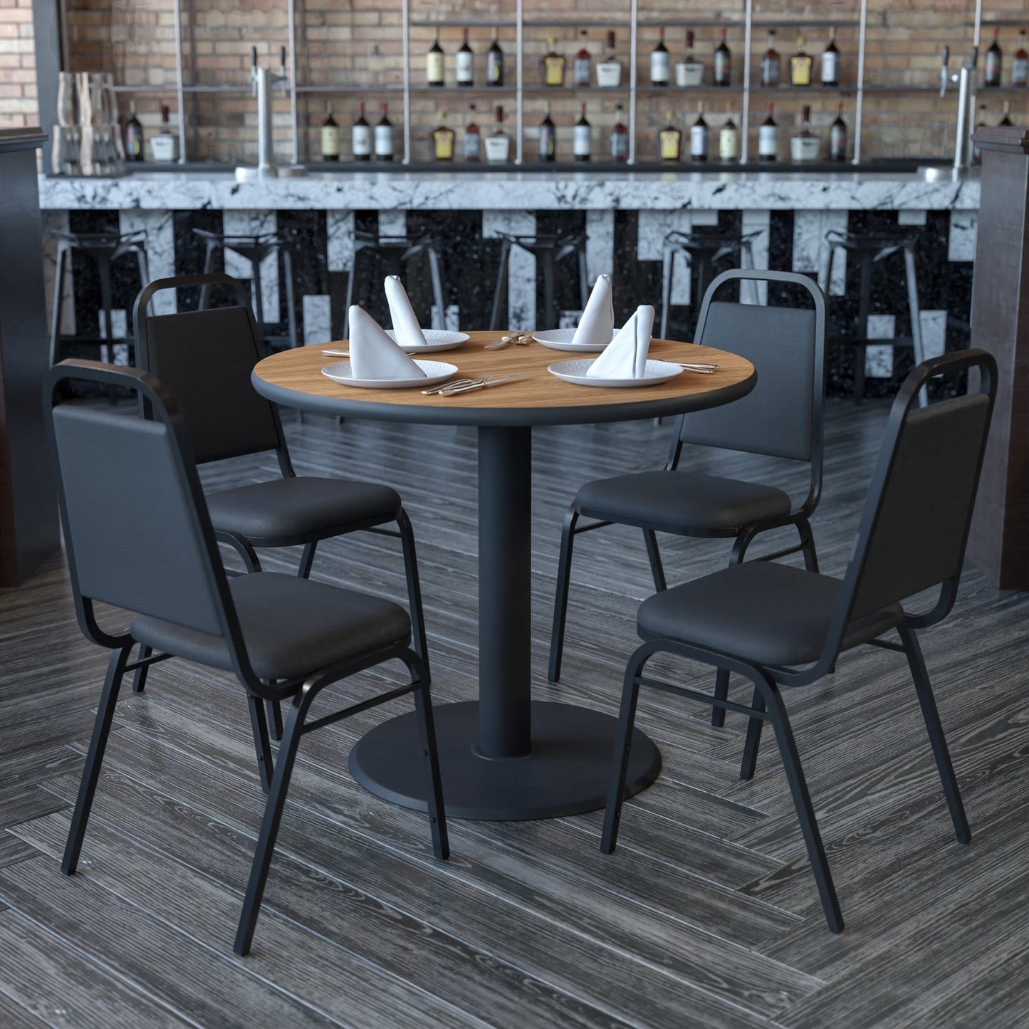 Carlton 36'' Round Laminate Table Set with X - Base and 4 Black Trapezoidal Back Banquet Chairs by Flash Furniture - SchoolOutlet