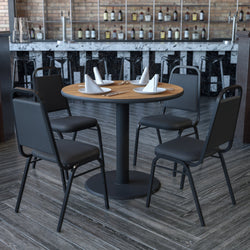 Carlton 36'' Round Laminate Table Set with X-Base and 4 Black Trapezoidal Back Banquet Chairs by Flash Furniture