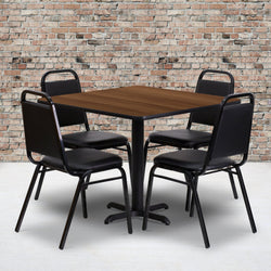 Carlton 36'' Square Laminate Table Set with X-Base and 4 Black Trapezoidal Back Banquet Chairs by Flash Furniture