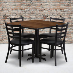 Carlton 36'' Square Laminate Table Set with X-Base and 4 Ladder Back Metal Chairs - Black Vinyl Seat by Flash Furniture