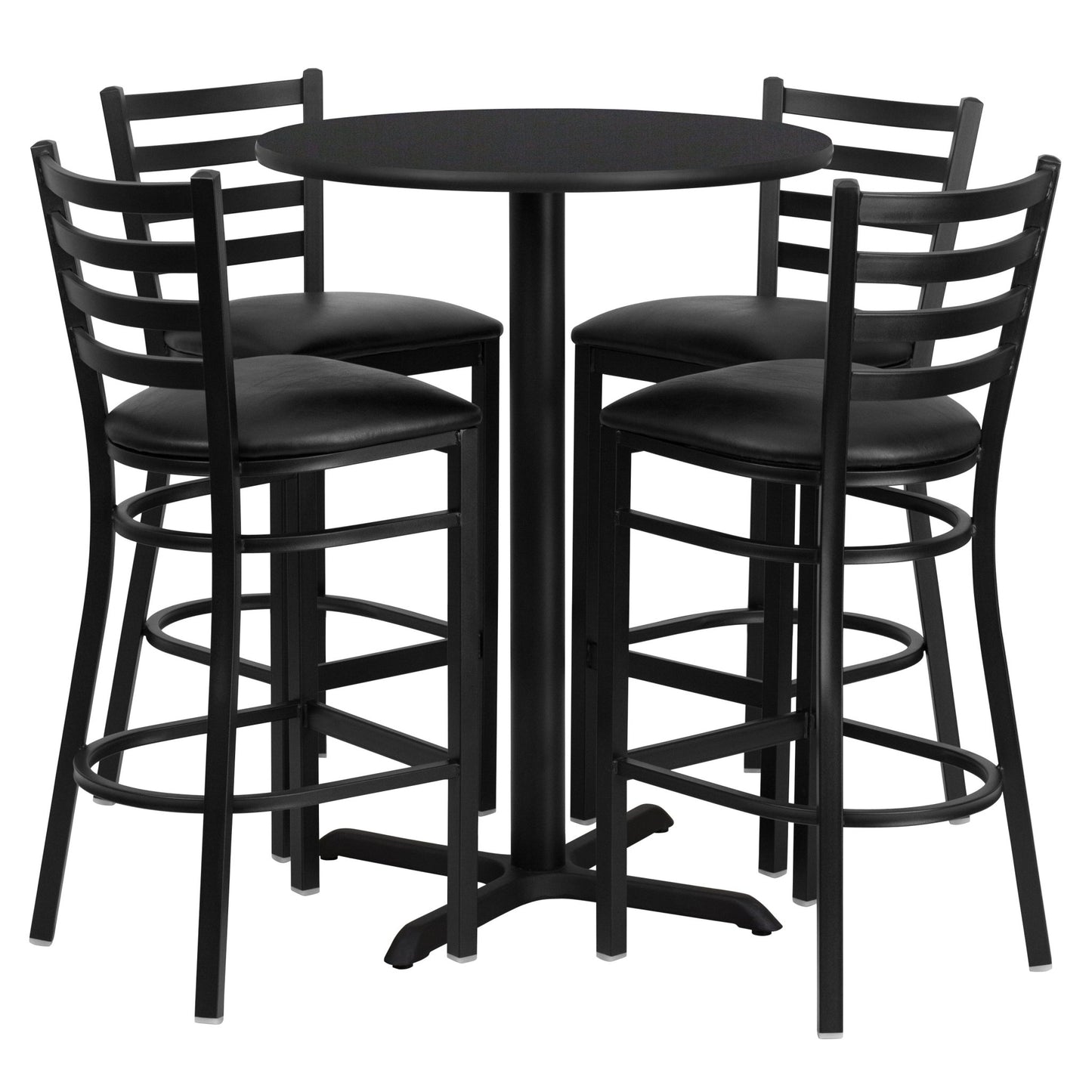 Carlton 30'' Round Laminate Table Set with X - Base and 4 Ladder Back Metal Barstools by Flash Furniture - SchoolOutlet