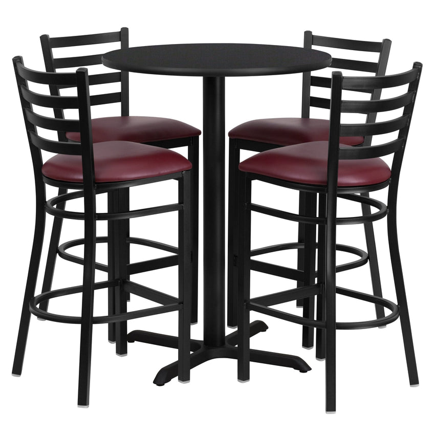 Carlton 30'' Round Laminate Table Set with X - Base and 4 Ladder Back Metal Barstools by Flash Furniture - SchoolOutlet