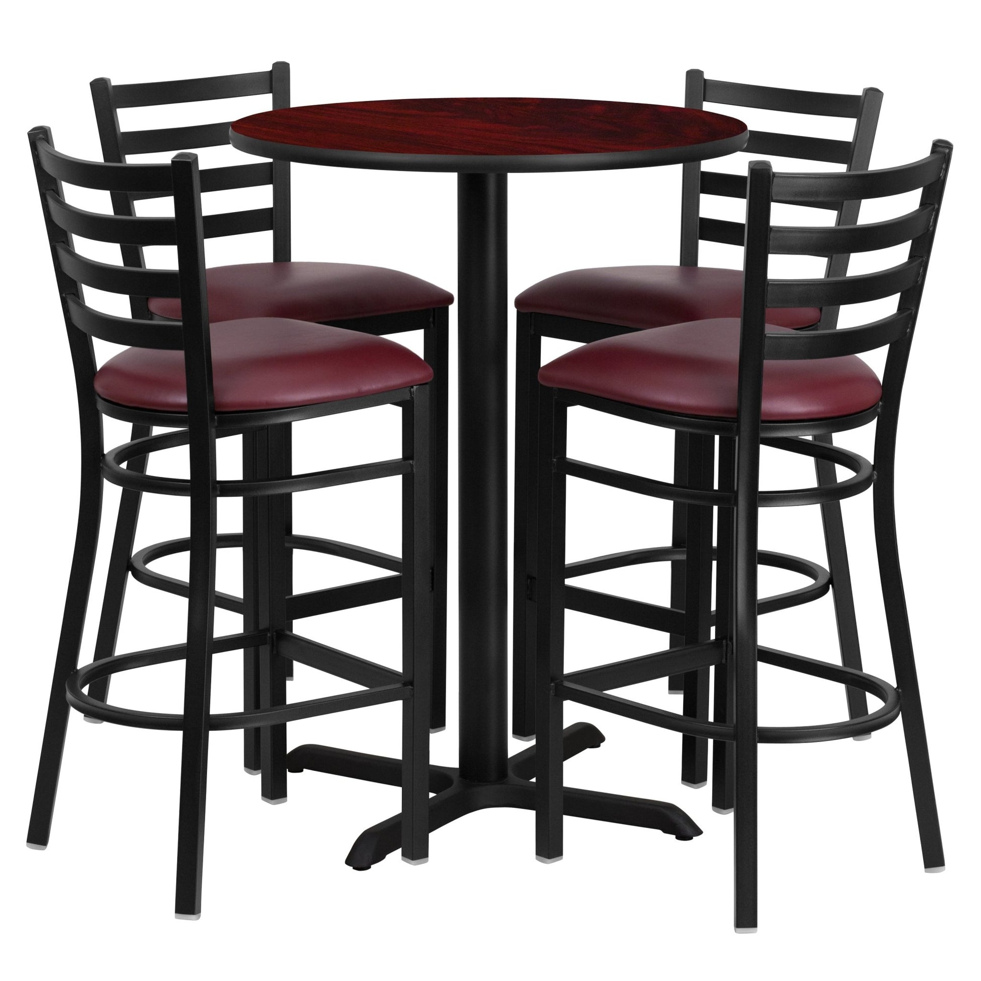 Carlton 30'' Round Laminate Table Set with X - Base and 4 Ladder Back Metal Barstools by Flash Furniture - SchoolOutlet