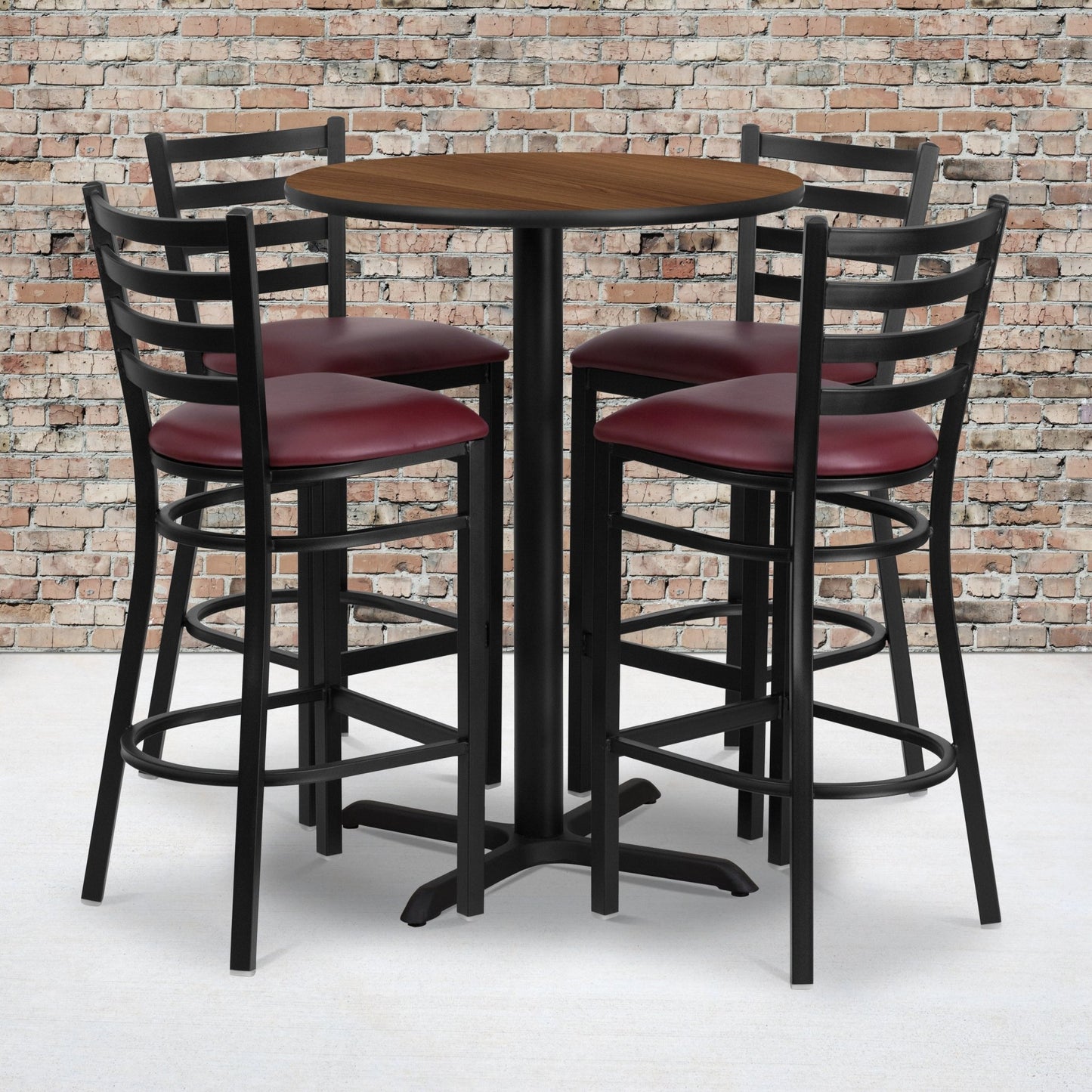 Carlton 30'' Round Laminate Table Set with X - Base and 4 Ladder Back Metal Barstools by Flash Furniture - SchoolOutlet