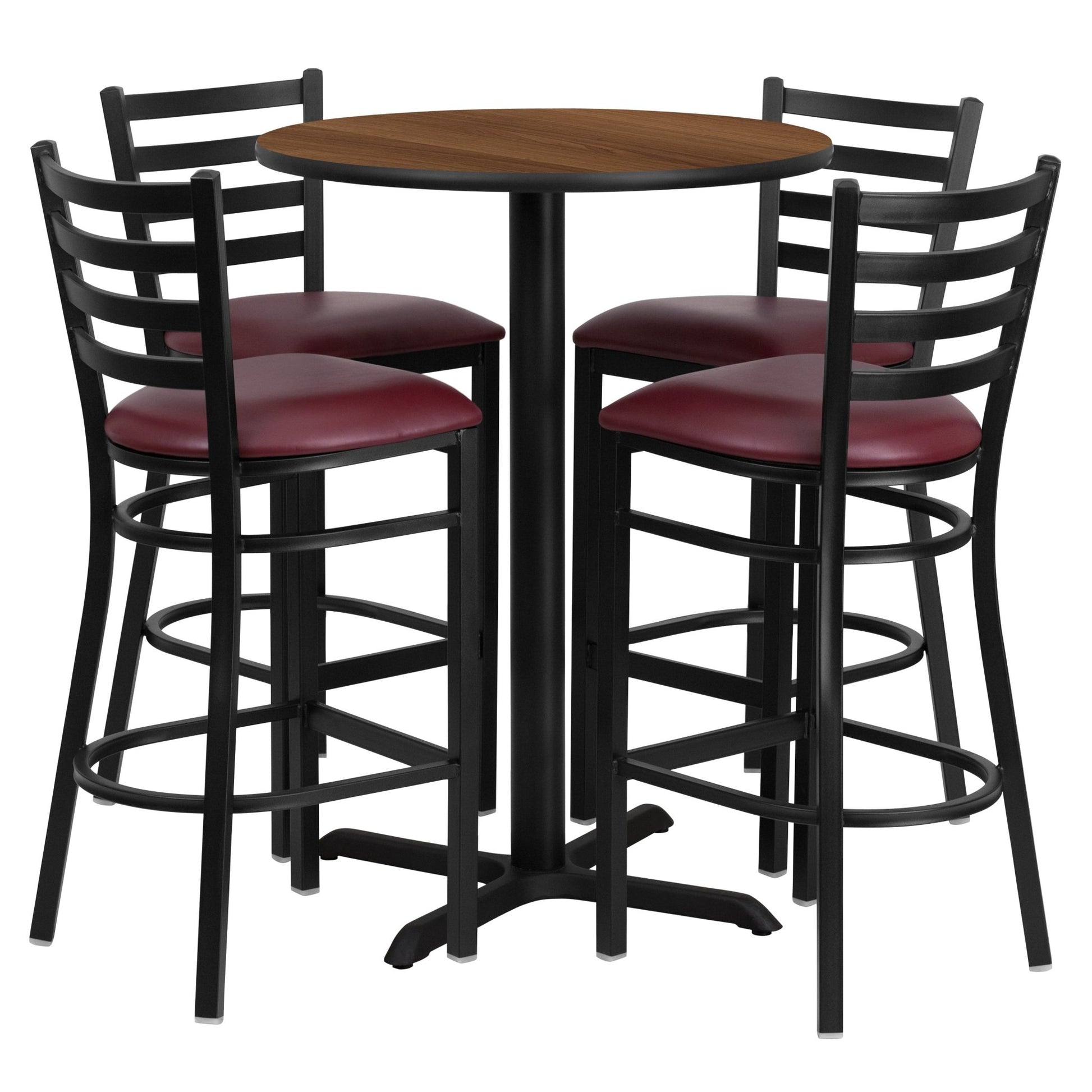 Carlton 30'' Round Laminate Table Set with X - Base and 4 Ladder Back Metal Barstools by Flash Furniture - SchoolOutlet