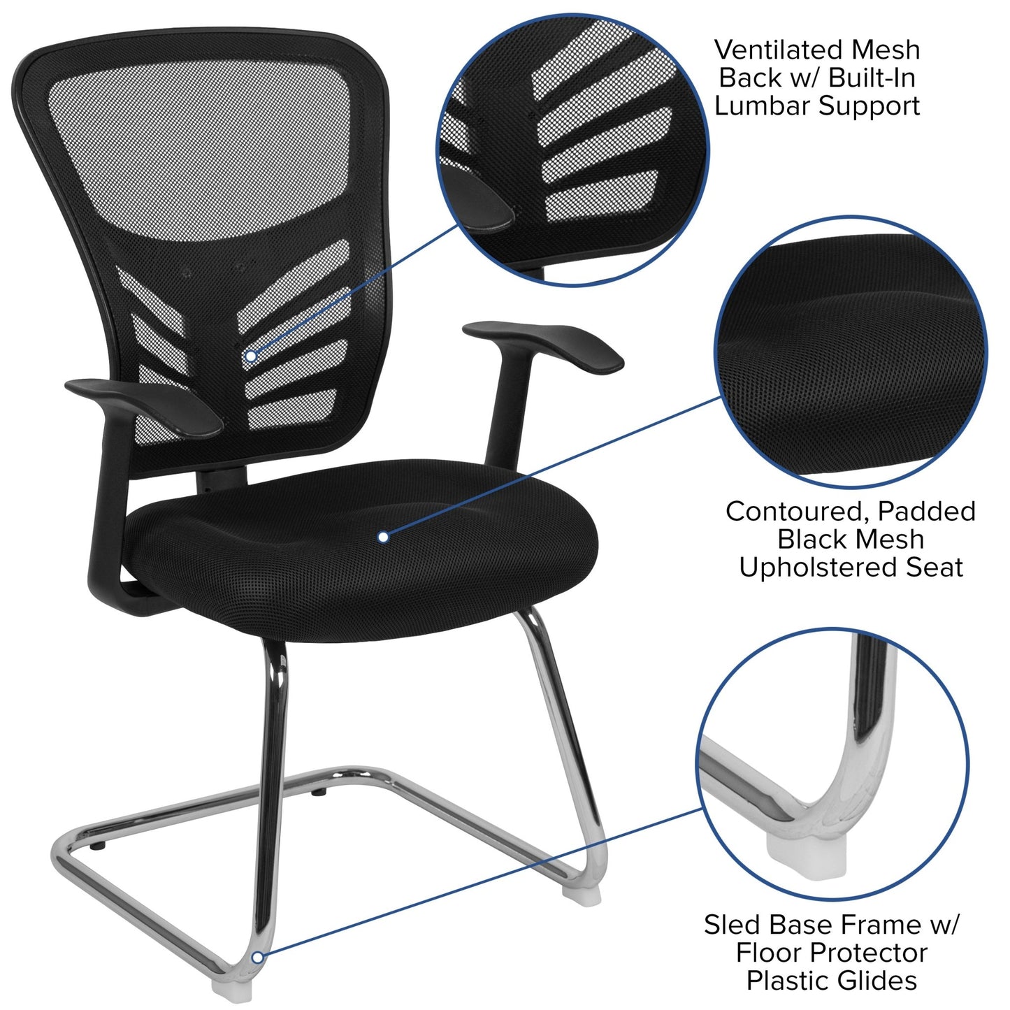 Steve Side Reception Chair with Black Mesh and Chrome Sled Base by Flash Furniture - SchoolOutlet