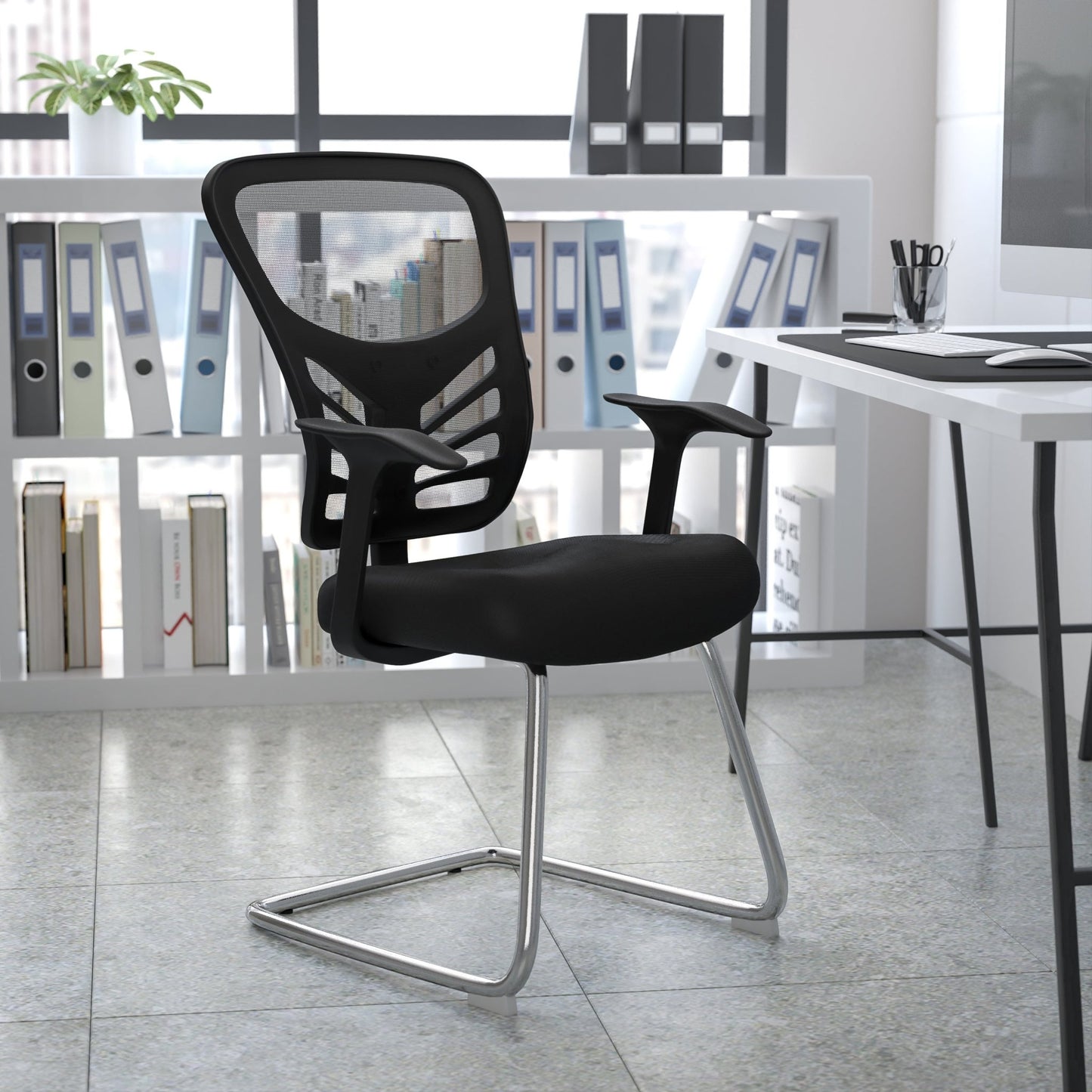 Steve Side Reception Chair with Black Mesh and Chrome Sled Base by Flash Furniture - SchoolOutlet