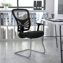 Steve Side Reception Chair with Black Mesh and Chrome Sled Base by Flash Furniture