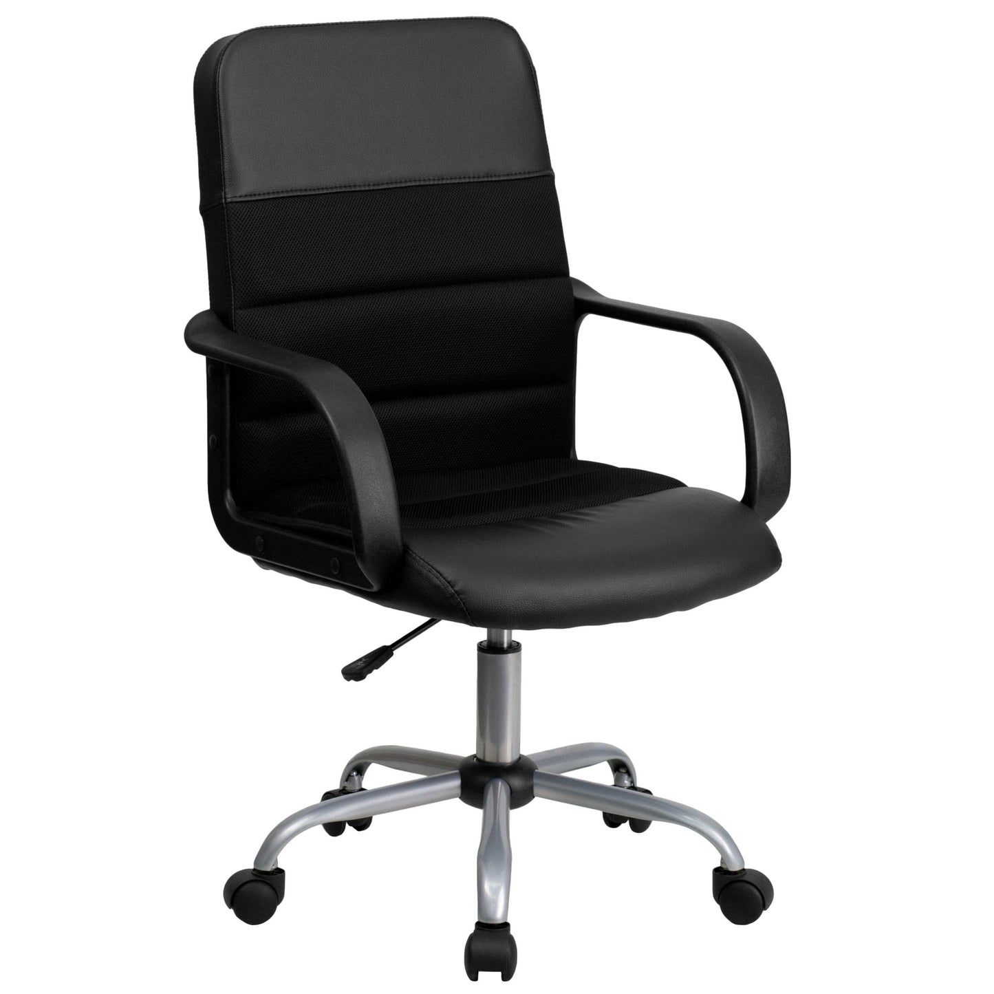 Manor Swivel Task Office Chair with Arms, Mid - Back Black LeatherSoft and Mesh by Flash Furniture - SchoolOutlet