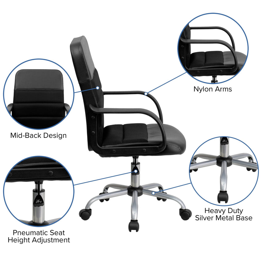 Manor Swivel Task Office Chair with Arms, Mid - Back Black LeatherSoft and Mesh by Flash Furniture - SchoolOutlet