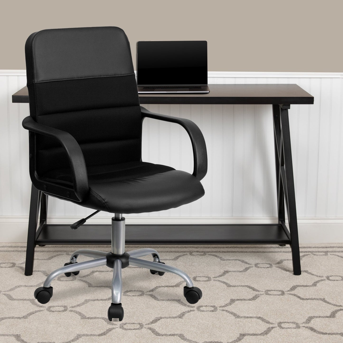 Manor Swivel Task Office Chair with Arms, Mid - Back Black LeatherSoft and Mesh by Flash Furniture - SchoolOutlet