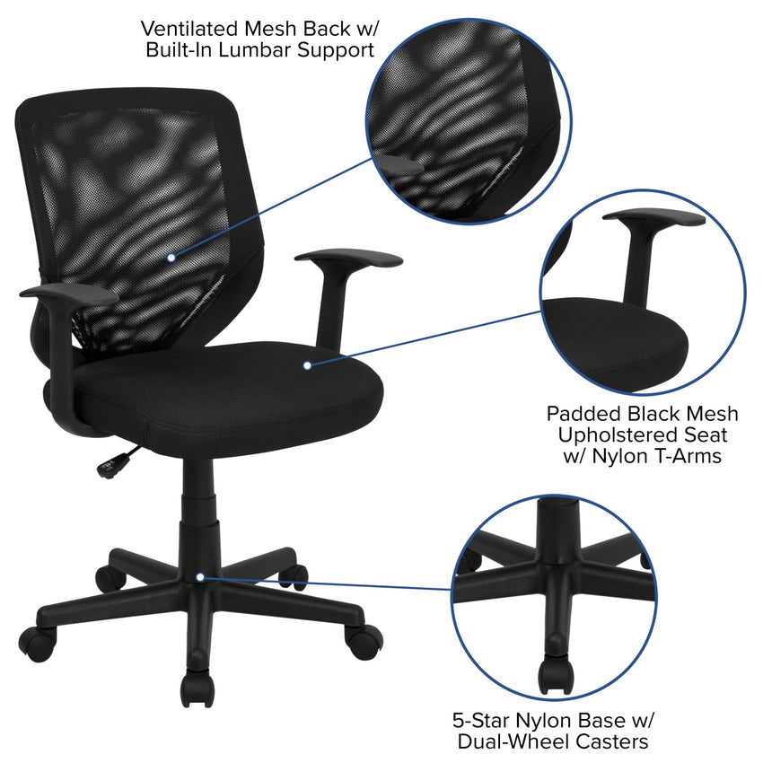 Norris Swivel Task Office Chair with T - Arms, Mid - Back Black Mesh Tapered Back by Flash Furniture - SchoolOutlet