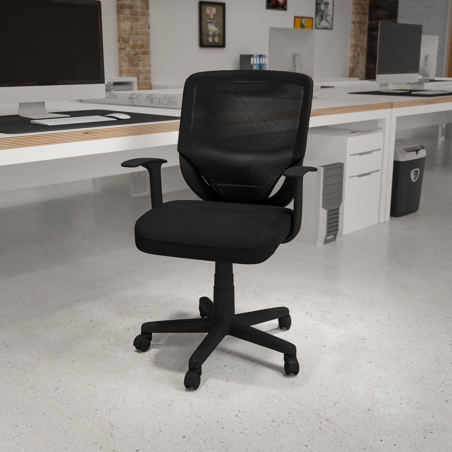 Norris Swivel Task Office Chair with T - Arms, Mid - Back Black Mesh Tapered Back by Flash Furniture - SchoolOutlet