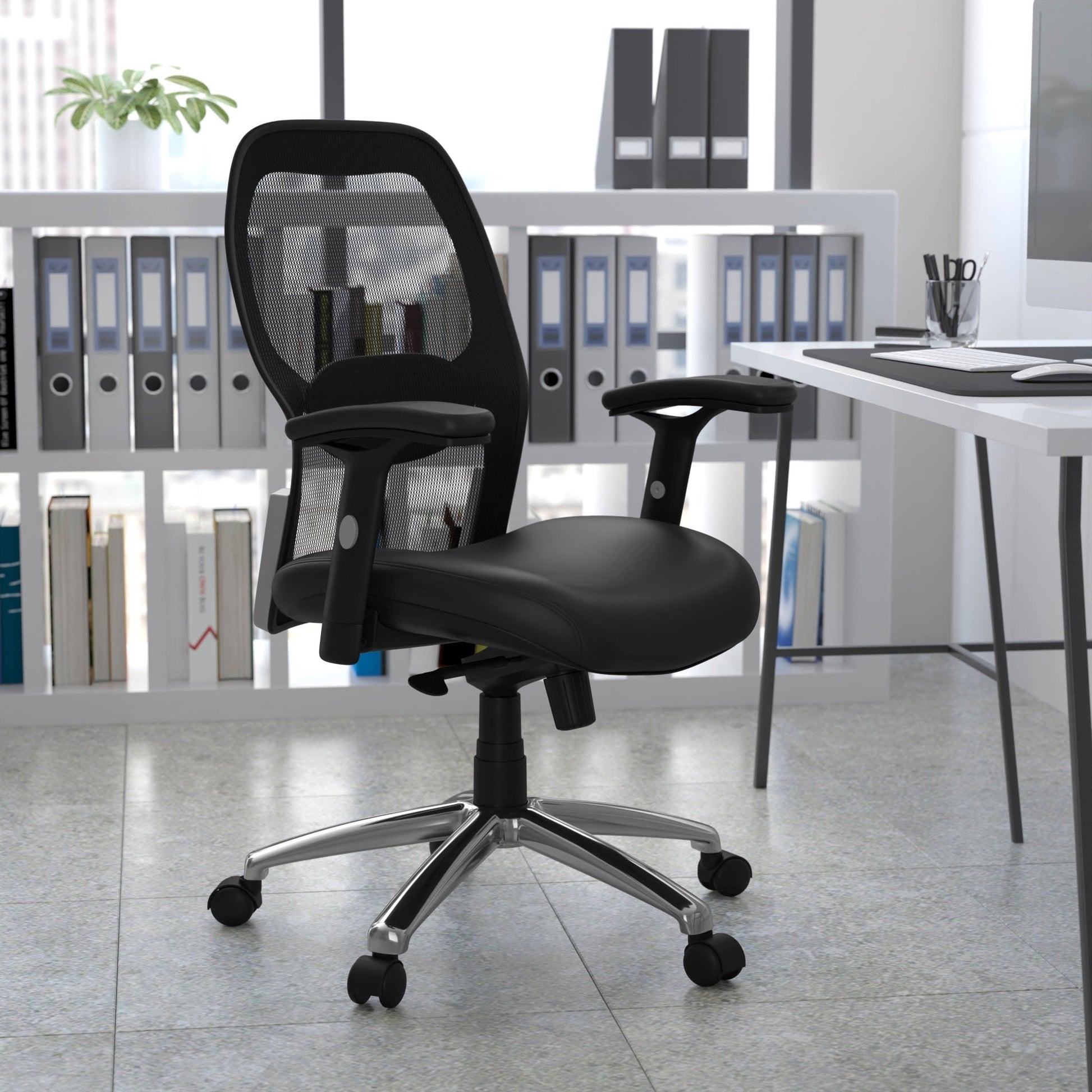 Albert Mid - Back Black Super Mesh Executive Swivel Office Chair, Knee Tilt Control and Adjustable Lumbar & Arms by Flash Furniture - SchoolOutlet