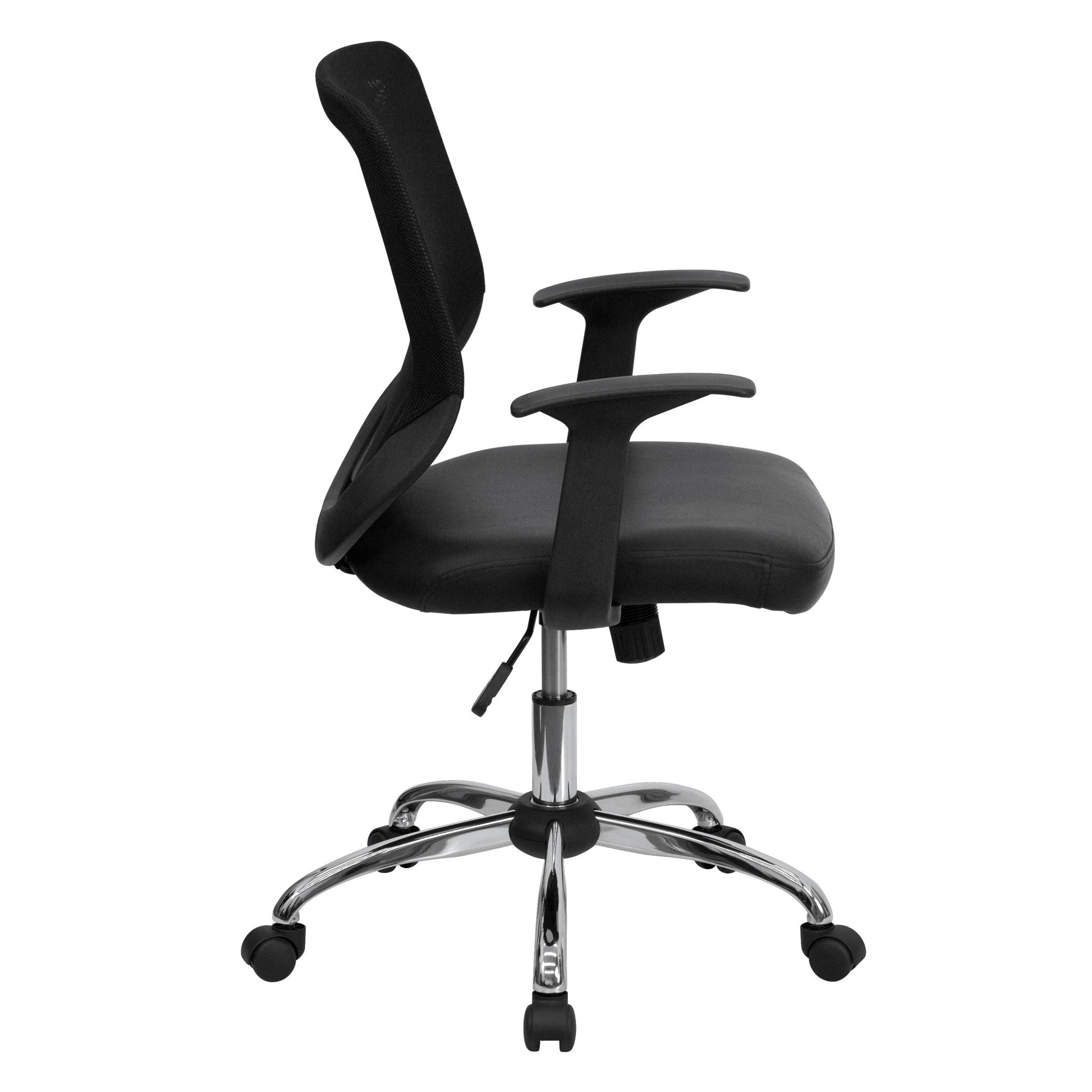 Norris Swivel Task Office Chair with LeatherSoft Seat, Mid - Back Black Mesh Tapered Back, Chrome Base and T - Arms by Flash Furniture - SchoolOutlet