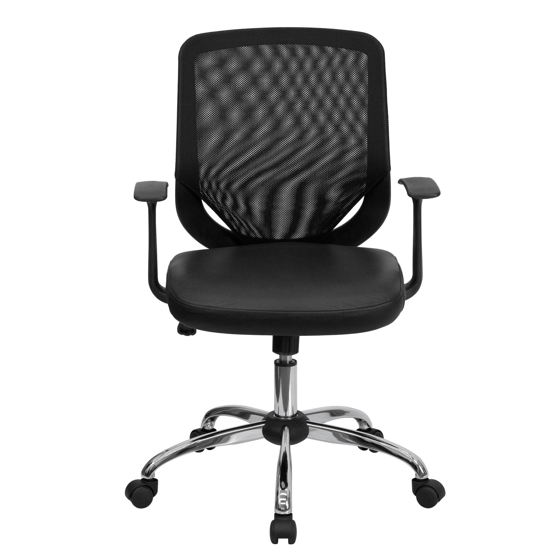 Norris Swivel Task Office Chair with LeatherSoft Seat, Mid - Back Black Mesh Tapered Back, Chrome Base and T - Arms by Flash Furniture - SchoolOutlet