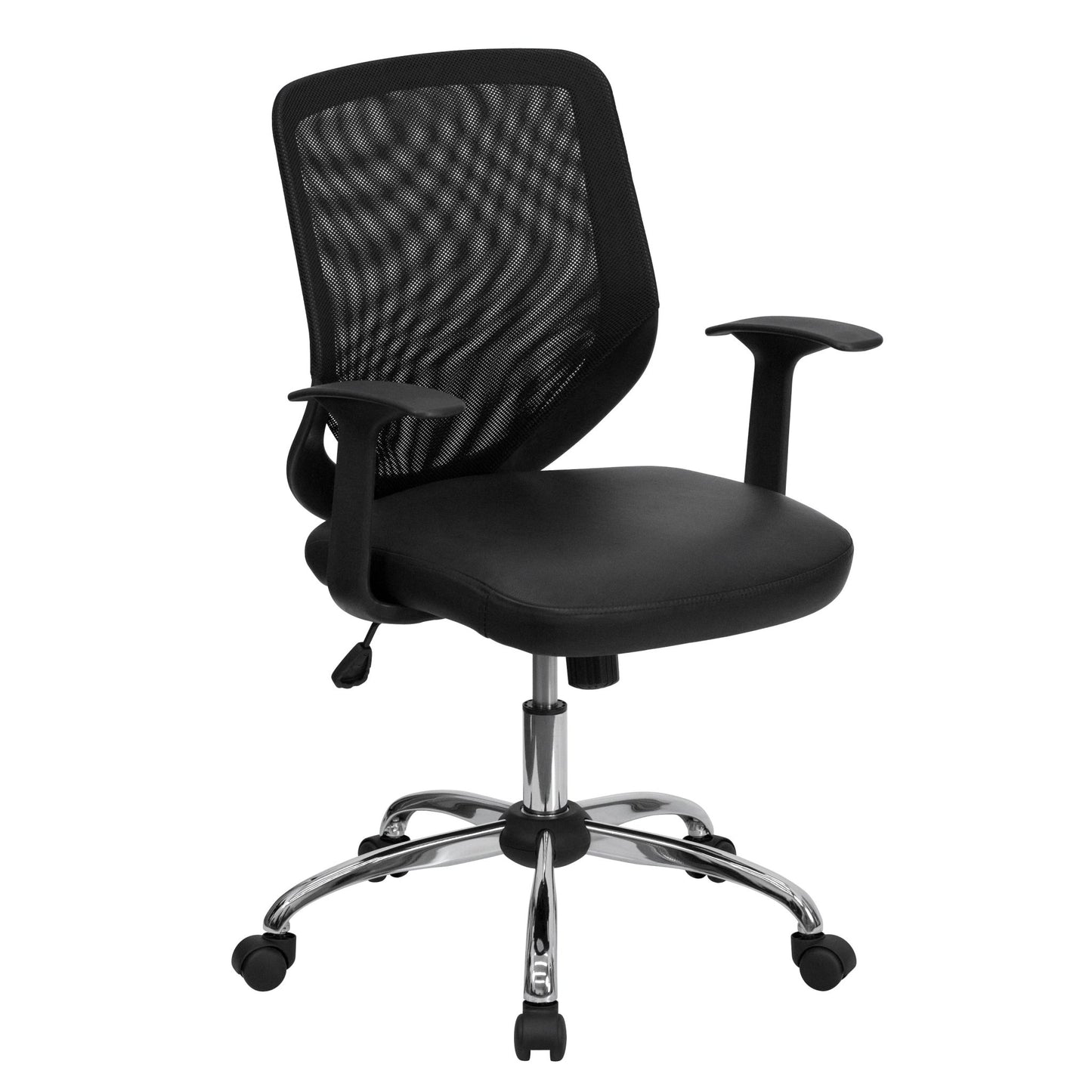 Norris Swivel Task Office Chair with LeatherSoft Seat, Mid - Back Black Mesh Tapered Back, Chrome Base and T - Arms by Flash Furniture - SchoolOutlet