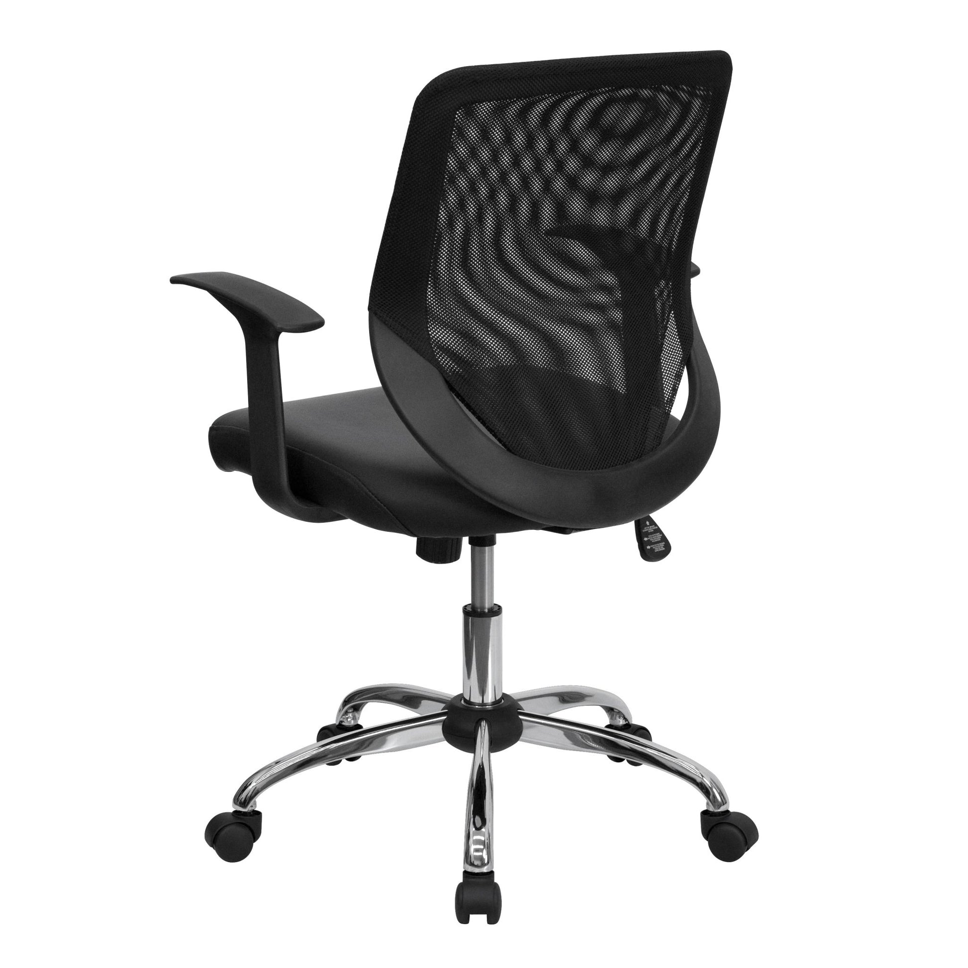 Norris Swivel Task Office Chair with LeatherSoft Seat, Mid - Back Black Mesh Tapered Back, Chrome Base and T - Arms by Flash Furniture - SchoolOutlet