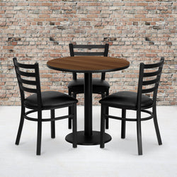 Clark 30'' Round Walnut Laminate Table Set with 3 Ladder Back Metal Chairs - Black Vinyl Seat by Flash Furniture