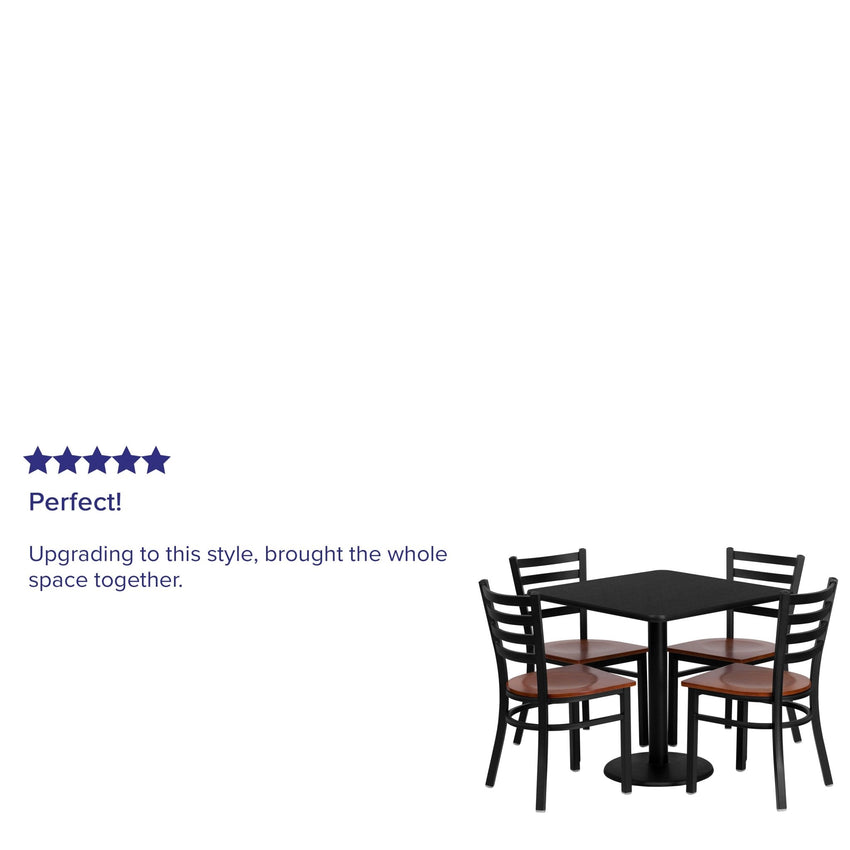 Clark 30'' Square Black Laminate Table Set with 4 Ladder Back Metal Chairs - Cherry Wood Seat by Flash Furniture - SchoolOutlet