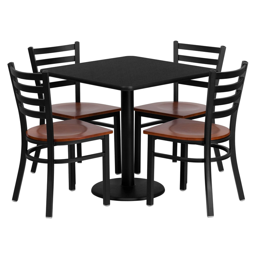 Clark 30'' Square Black Laminate Table Set with 4 Ladder Back Metal Chairs - Cherry Wood Seat by Flash Furniture - SchoolOutlet