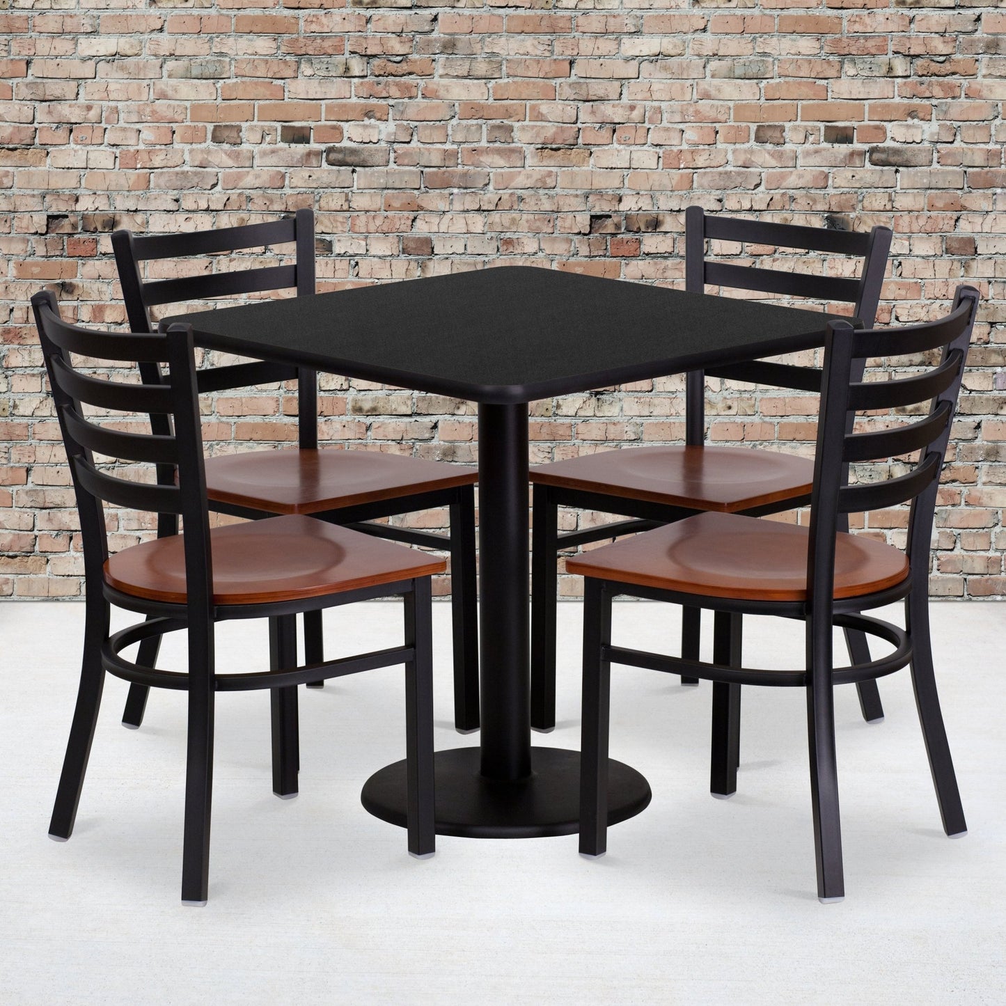 Clark 30'' Square Black Laminate Table Set with 4 Ladder Back Metal Chairs - Cherry Wood Seat by Flash Furniture - SchoolOutlet