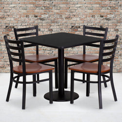 Clark 30'' Square Black Laminate Table Set with 4 Ladder Back Metal Chairs - Cherry Wood Seat by Flash Furniture