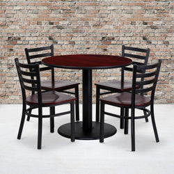 Clark 36'' Round Mahogany Laminate Table Set with 4 Ladder Back Metal Chairs - Mahogany Wood Seat by Flash Furniture