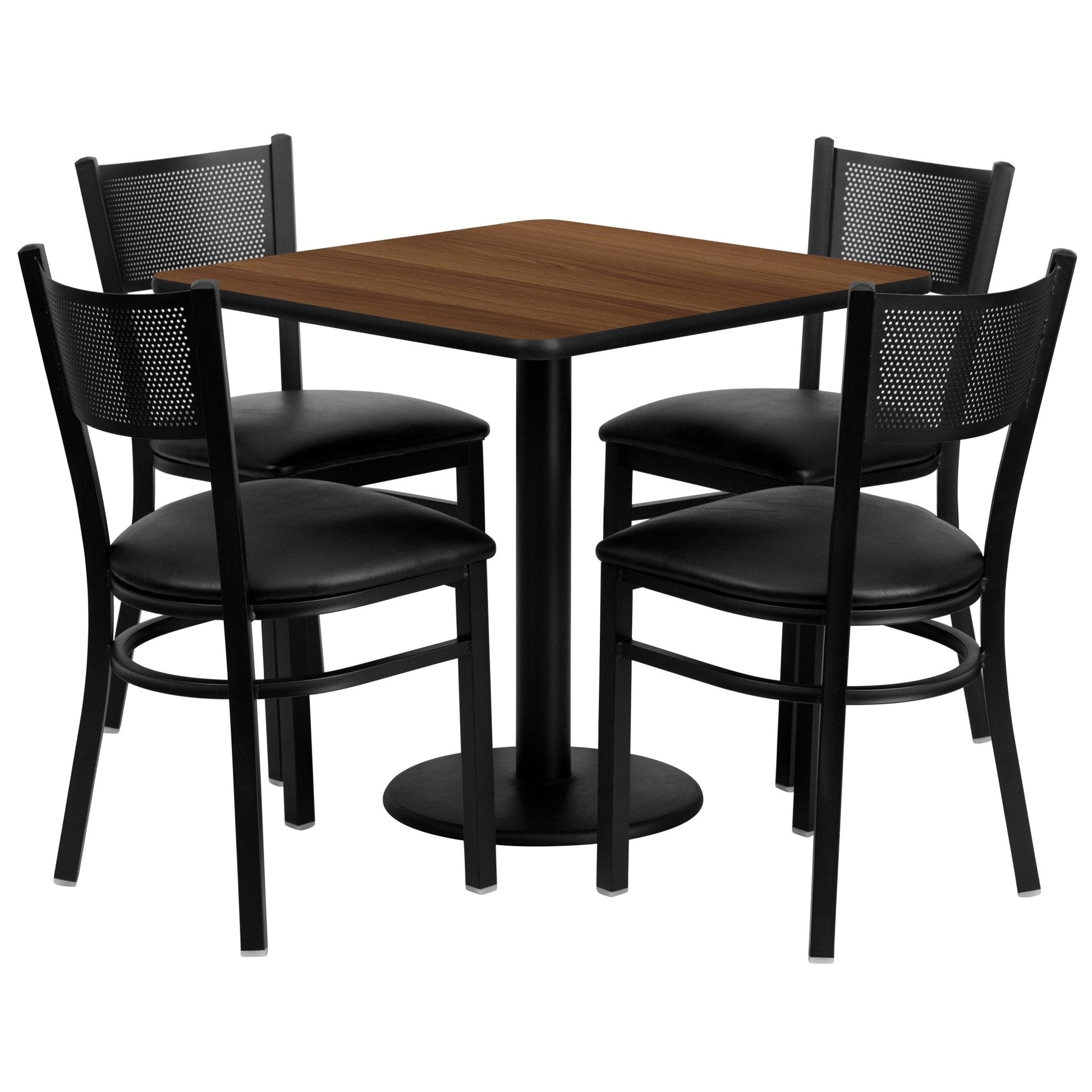 Clark 30'' Square Walnut Laminate Table Set with 4 Grid Back Metal Chairs - Black Vinyl Seat by Flash Furniture - SchoolOutlet