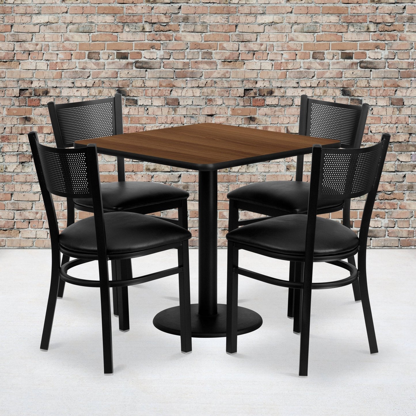 Clark 30'' Square Walnut Laminate Table Set with 4 Grid Back Metal Chairs - Black Vinyl Seat by Flash Furniture - SchoolOutlet