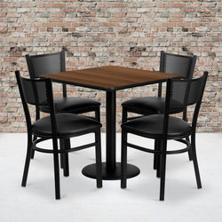 Clark 30'' Square Walnut Laminate Table Set with 4 Grid Back Metal Chairs - Black Vinyl Seat by Flash Furniture