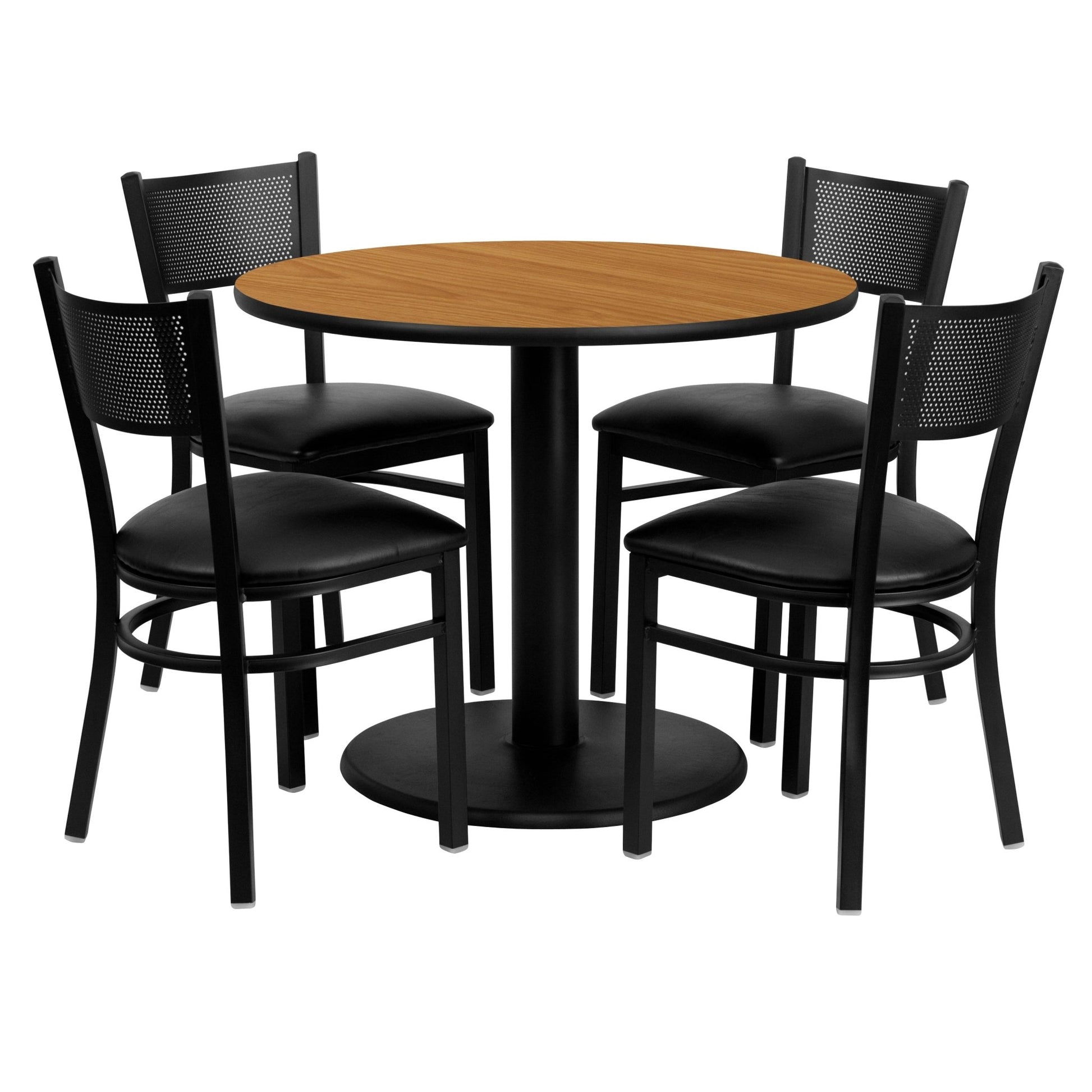 Clark 36'' Round Natural Laminate Table Set with 4 Grid Back Metal Chairs - Black Vinyl Seat by Flash Furniture - SchoolOutlet