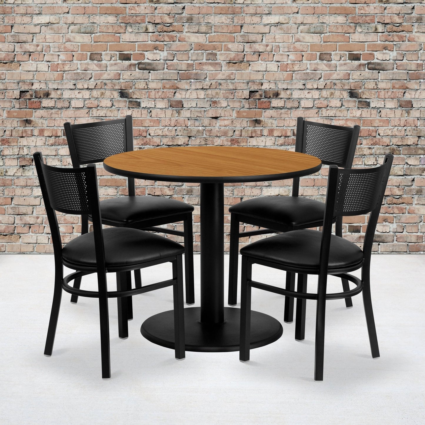 Clark 36'' Round Natural Laminate Table Set with 4 Grid Back Metal Chairs - Black Vinyl Seat by Flash Furniture - SchoolOutlet