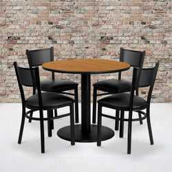 Clark 36'' Round Natural Laminate Table Set with 4 Grid Back Metal Chairs - Black Vinyl Seat by Flash Furniture