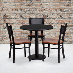 Clark 30'' Round Black Laminate Table Set with 3 Grid Back Metal Chairs - Cherry Wood Seat by Flash Furniture