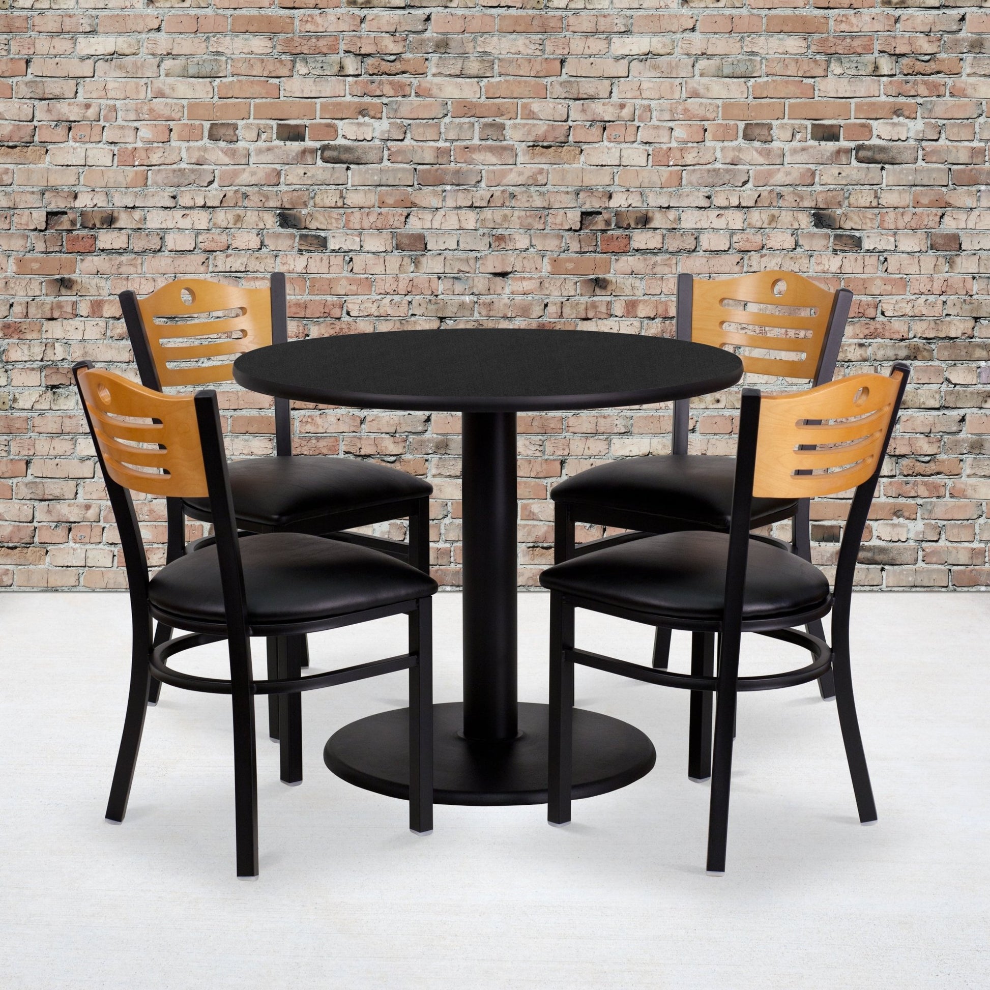 Clark 36'' Round Black Laminate Table Set with 4 Wood Slat Back Metal Chairs - Black Vinyl Seat by Flash Furniture - SchoolOutlet