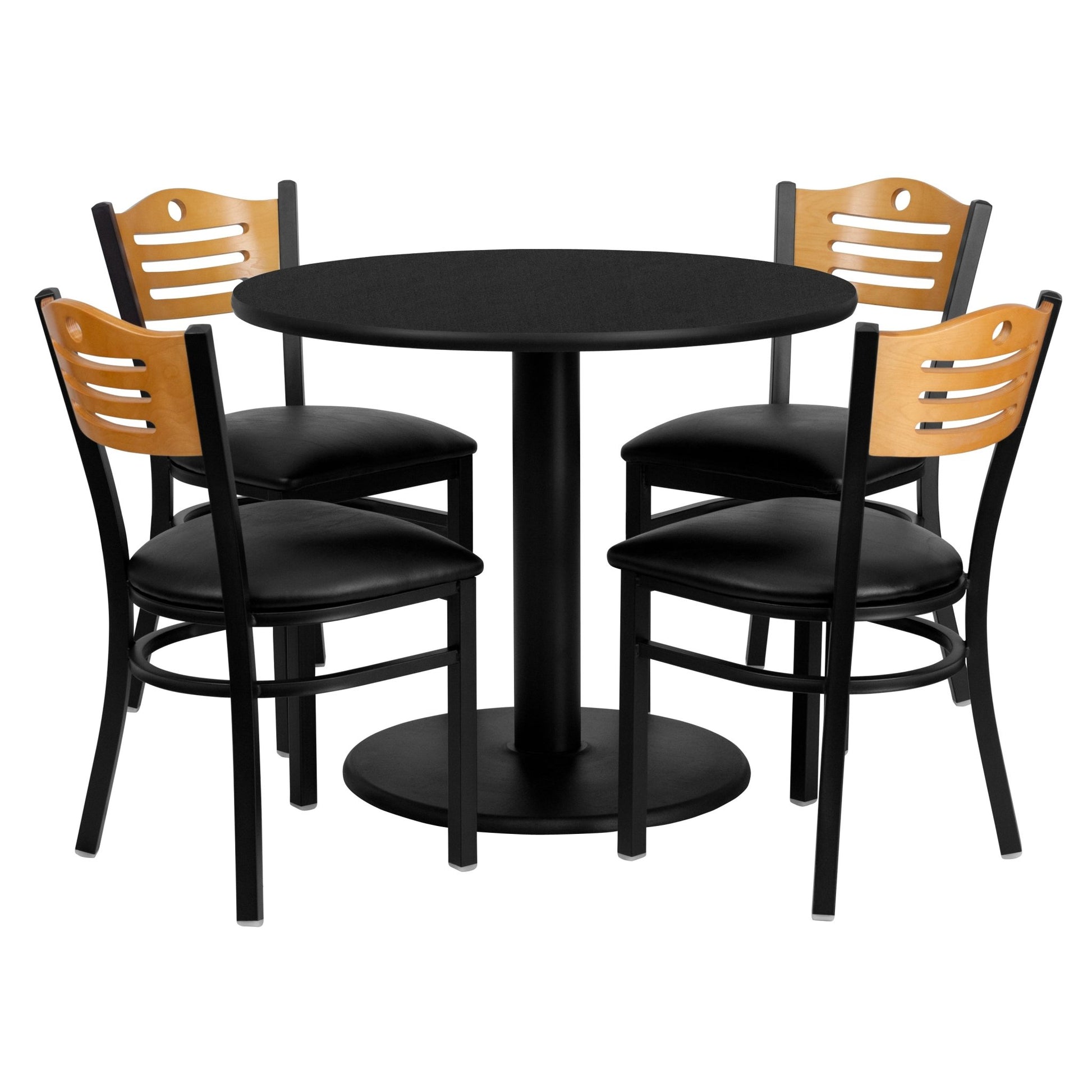 Clark 36'' Round Black Laminate Table Set with 4 Wood Slat Back Metal Chairs - Black Vinyl Seat by Flash Furniture - SchoolOutlet