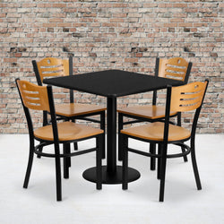 Clark 30'' Square Black Laminate Table Set with 4 Wood Slat Back Metal Chairs - Natural Wood Seat by Flash Furniture