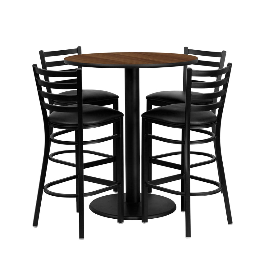 Clark 36'' Round Walnut Laminate Table Set with 4 Ladder Back Metal Barstools - Black Vinyl Seat by Flash Furniture - SchoolOutlet