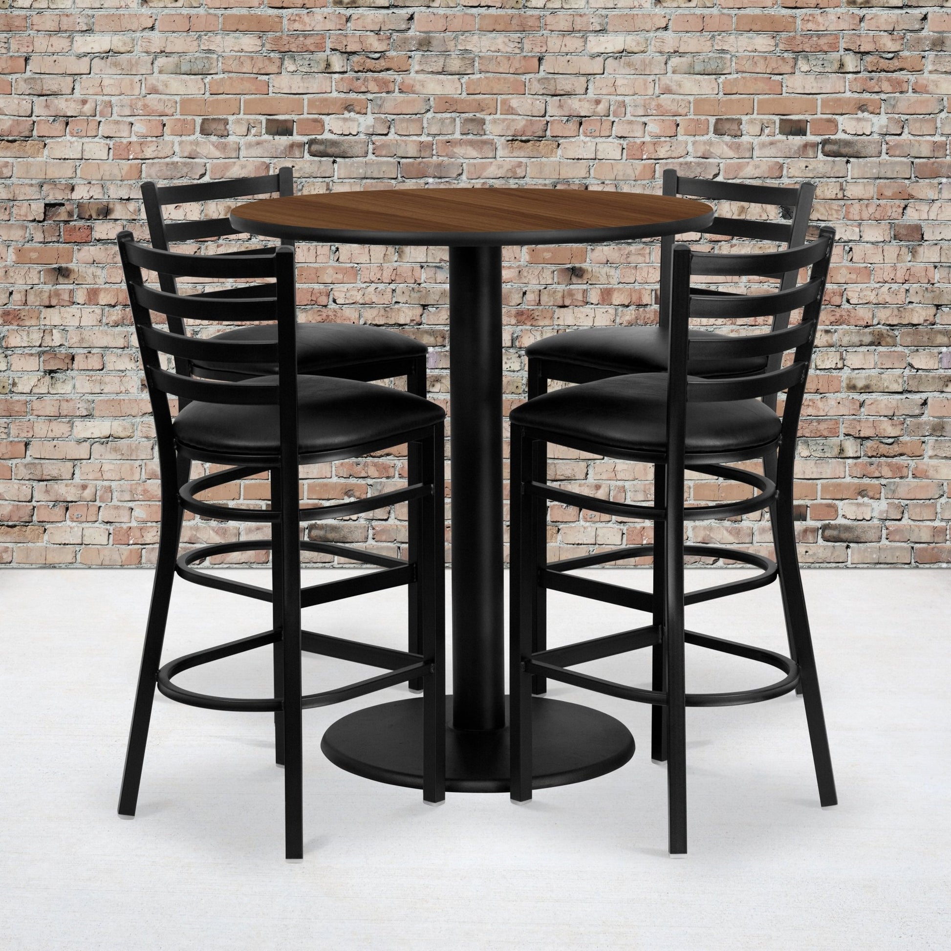 Clark 36'' Round Walnut Laminate Table Set with 4 Ladder Back Metal Barstools - Black Vinyl Seat by Flash Furniture - SchoolOutlet