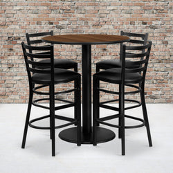 Clark 36'' Round Walnut Laminate Table Set with 4 Ladder Back Metal Barstools - Black Vinyl Seat by Flash Furniture