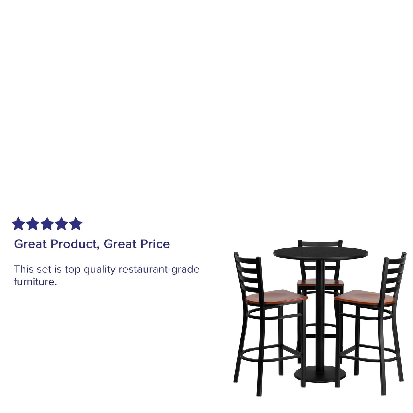 Clark 30'' Round Black Laminate Table Set with 3 Ladder Back Metal Barstools - Cherry Wood Seat by Flash Furniture - SchoolOutlet