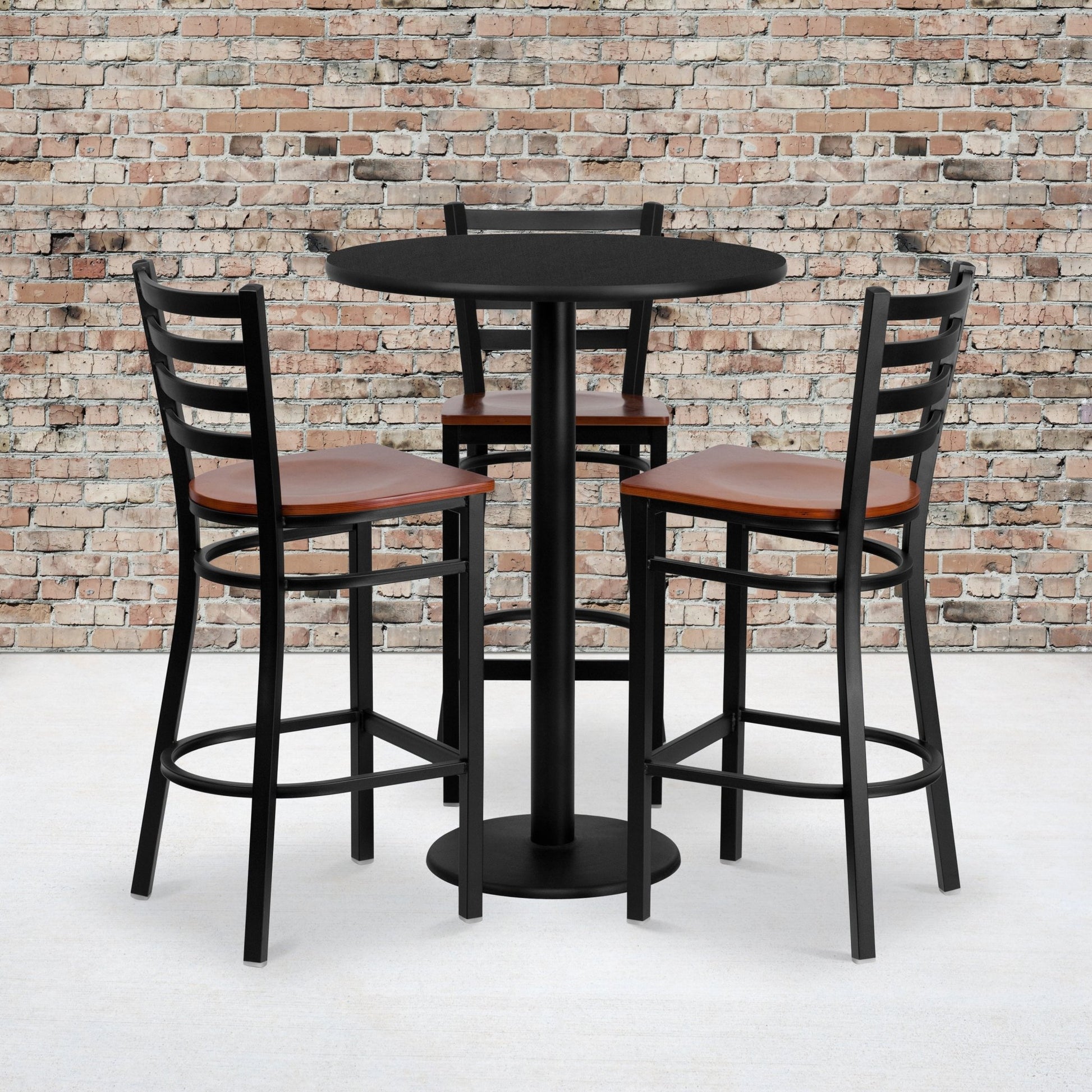 Clark 30'' Round Black Laminate Table Set with 3 Ladder Back Metal Barstools - Cherry Wood Seat by Flash Furniture - SchoolOutlet