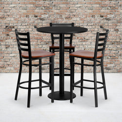 Clark 30'' Round Black Laminate Table Set with 3 Ladder Back Metal Barstools - Cherry Wood Seat by Flash Furniture