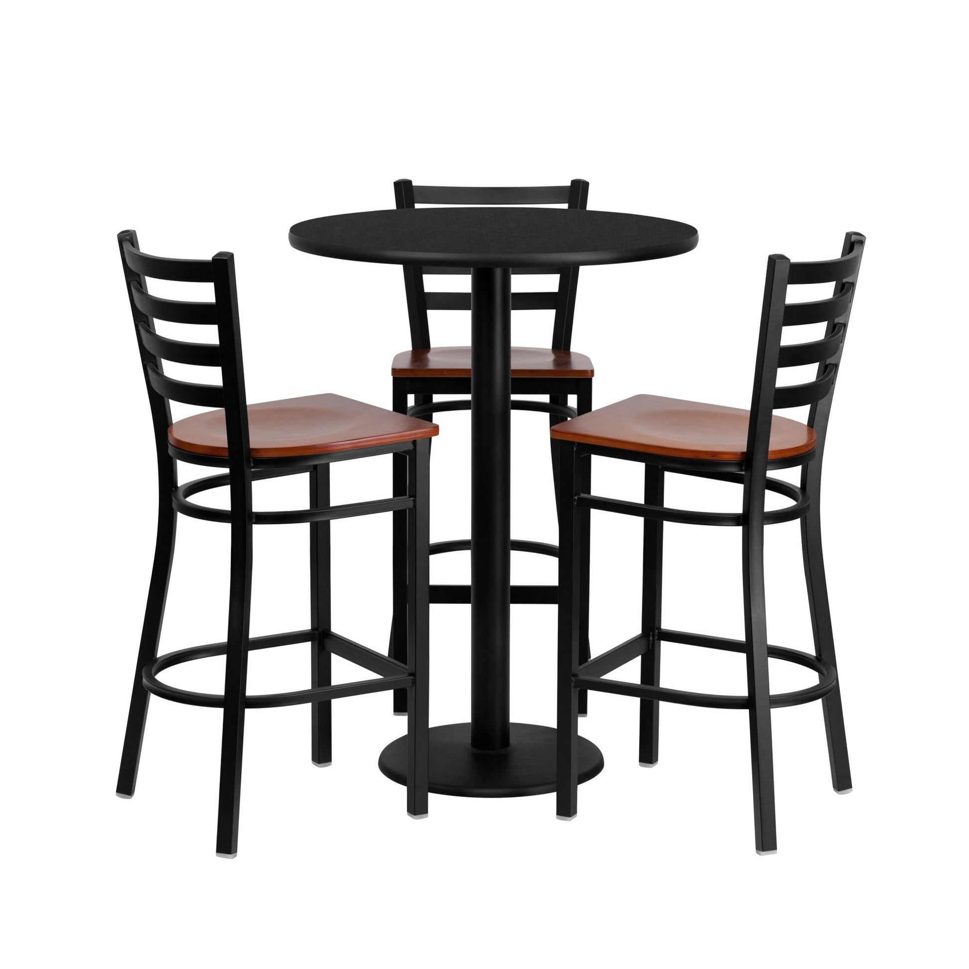 Clark 30'' Round Black Laminate Table Set with 3 Ladder Back Metal Barstools - Cherry Wood Seat by Flash Furniture - SchoolOutlet