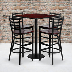 Clark 30'' Square Laminate Table Set with 4 Ladder Back Metal Barstools - Mahogany Top and Wood Seat by Flash Furniture