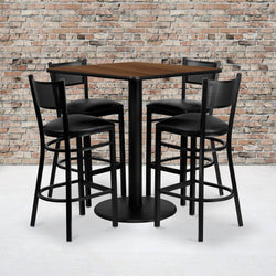 Clark 36'' Square Walnut Laminate Table Set with 4 Grid Back Metal Barstools - Black Vinyl Seat by Flash Furniture