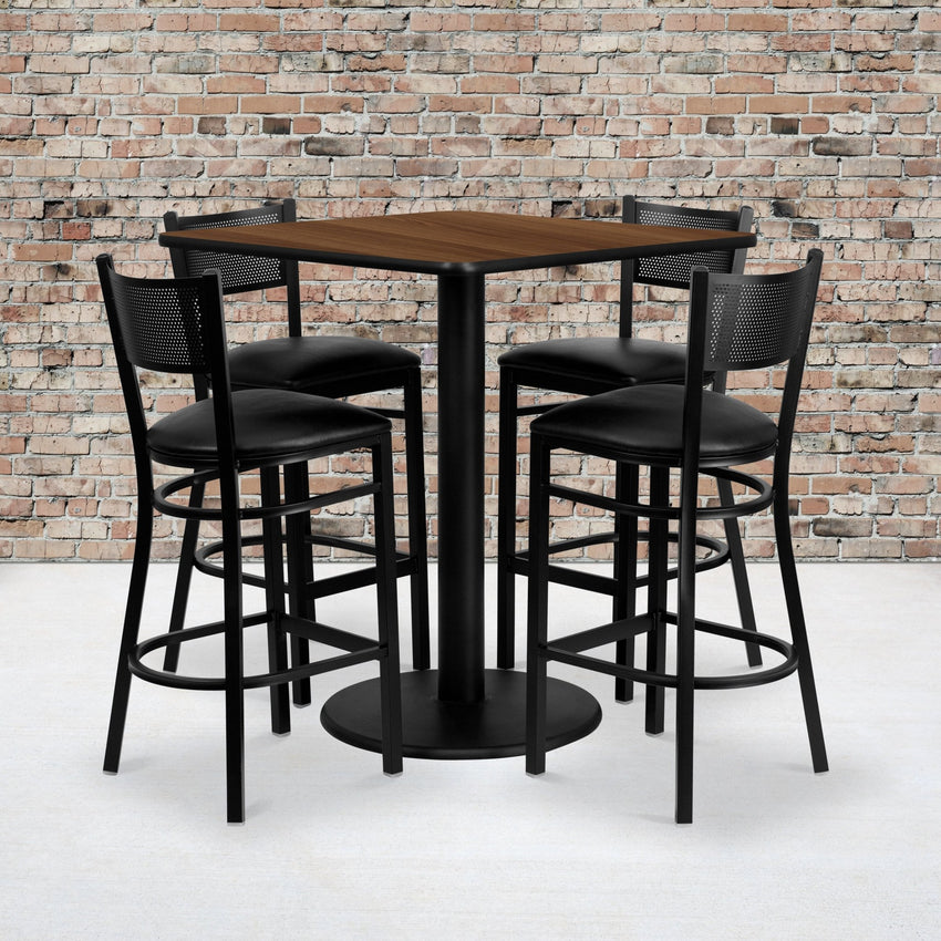 Clark 36'' Square Walnut Laminate Table Set with 4 Grid Back Metal Barstools - Black Vinyl Seat by Flash Furniture - SchoolOutlet