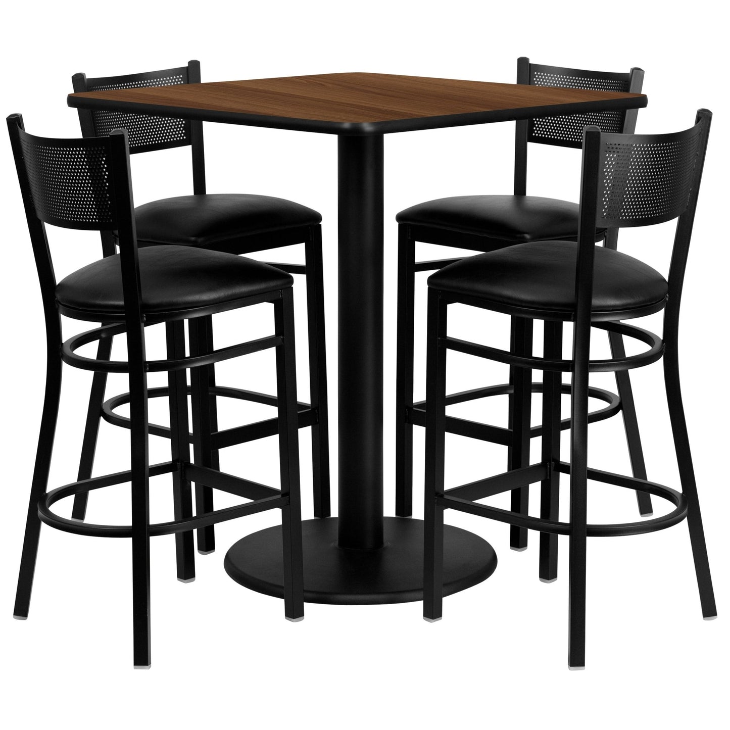 Clark 36'' Square Walnut Laminate Table Set with 4 Grid Back Metal Barstools - Black Vinyl Seat by Flash Furniture - SchoolOutlet