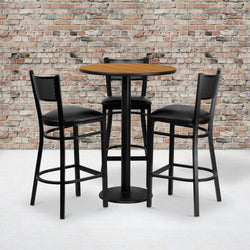 Clark 30'' Round Natural Laminate Table Set with 3 Grid Back Metal Barstools - Black Vinyl Seat by Flash Furniture